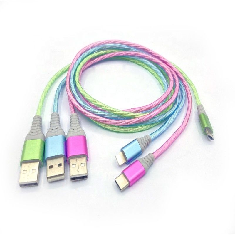 Kabel Pengisi Daya Cepat 3 IN 1 Tipe C 3A LED Warna-warni Kabel Pengisi Daya USB Kabel Berkedip Petir
