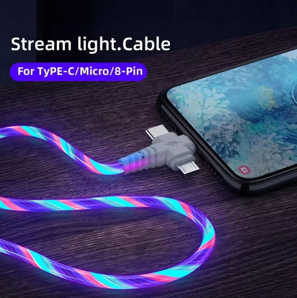 3in1 Flow Luminous Lighting kabel usb untuk Samsung 3 in 1 2in1 LED Micro USB Type C 8Pin pengisi daya Kawat untuk iPhone Huawei Xiaomi
