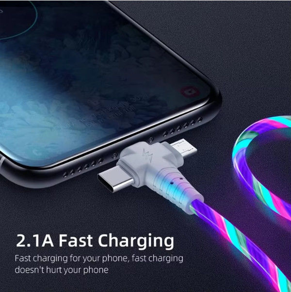 3in1 Flow Luminous Lighting kabel usb untuk Samsung 3 in 1 2in1 LED Micro USB Type C 8Pin pengisi daya Kawat untuk iPhone Huawei Xiaomi