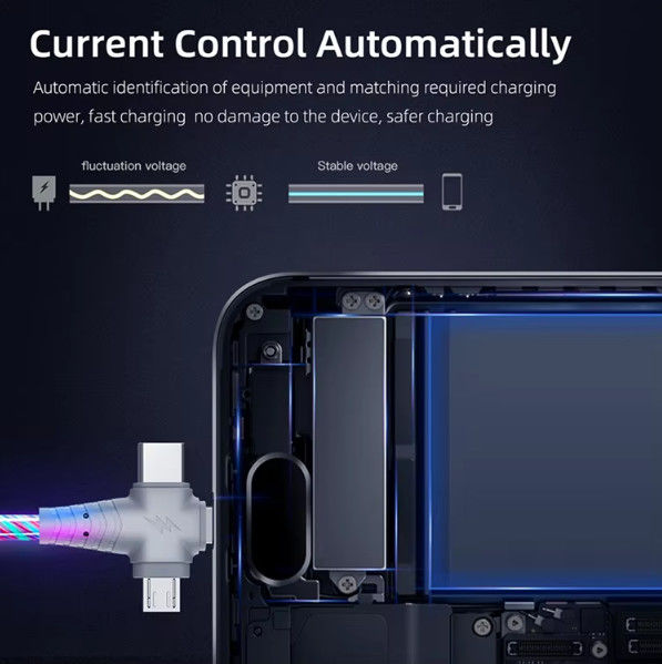 3in1 Flow Luminous Lighting kabel usb untuk Samsung 3 in 1 2in1 LED Micro USB Type C 8Pin pengisi daya Kawat untuk iPhone Huawei Xiaomi